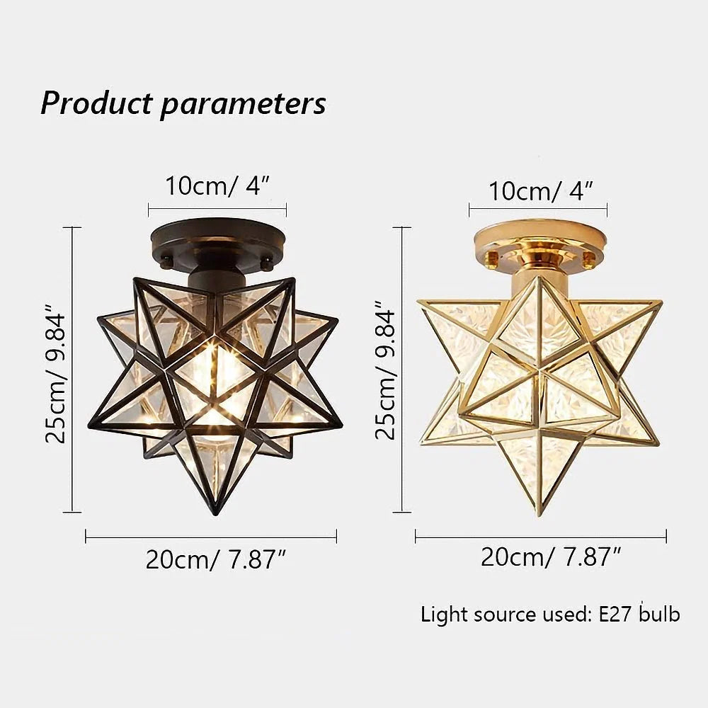 Technical diagram showing dimensions for black and gold five-pointed star flush mount ceiling lights, highlighting the 25cm height and 20cm width.