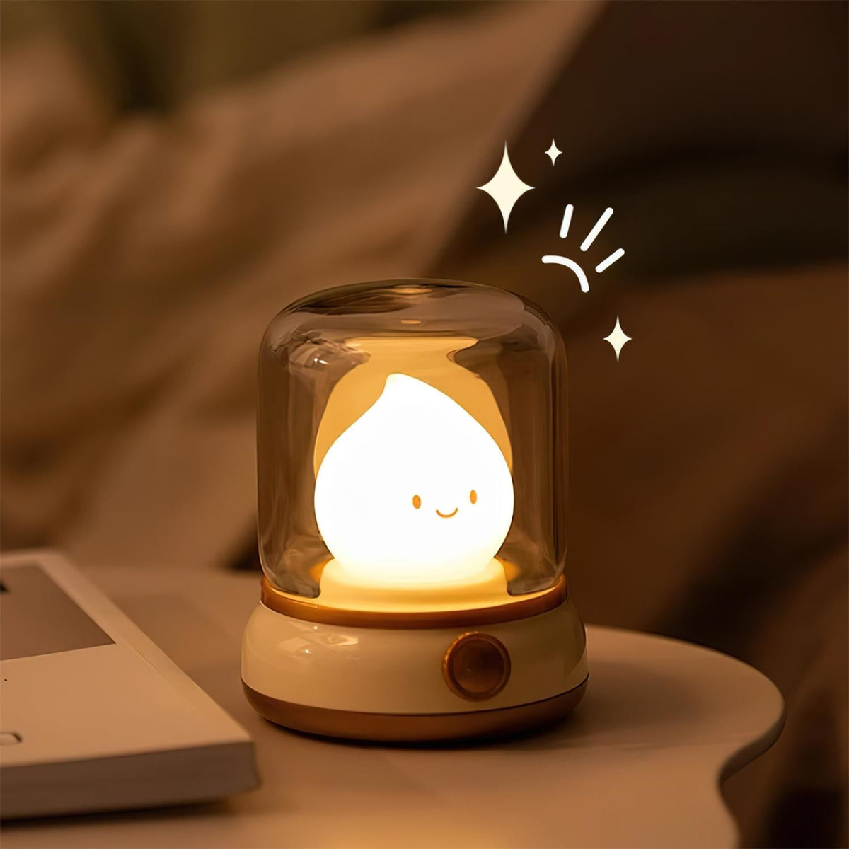 Beige lantern-style LED bedside lamp with glowing flame-shaped light 11