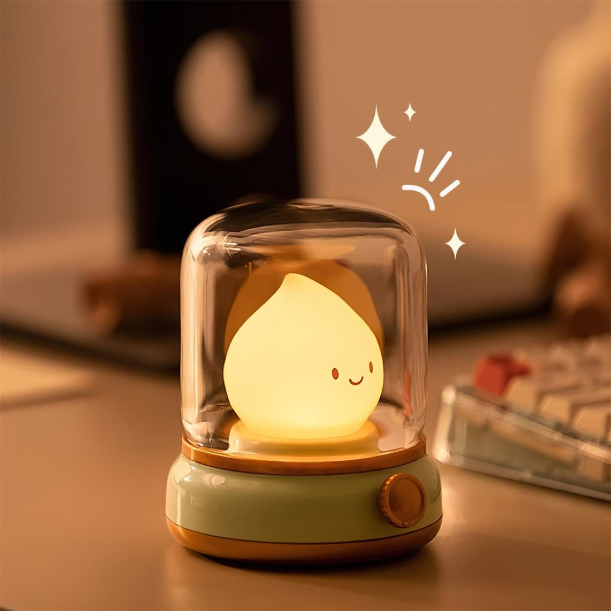Green lantern-style LED bedside lamp with glowing flame-shaped light