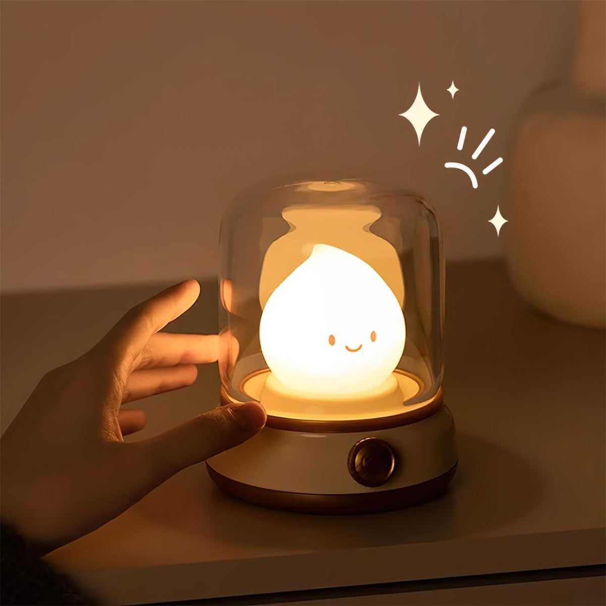 Beige lantern-style LED bedside lamp with glowing flame-shaped light 13