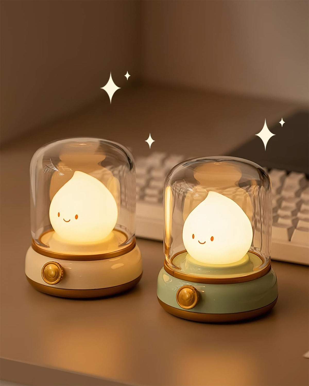Green and beige flame-shaped LED lamps with clear lantern covers