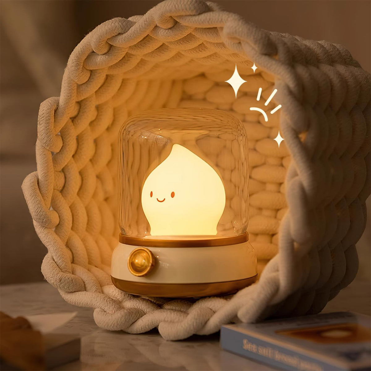 Beige lantern-style LED bedside lamp with glowing flame-shaped light 17