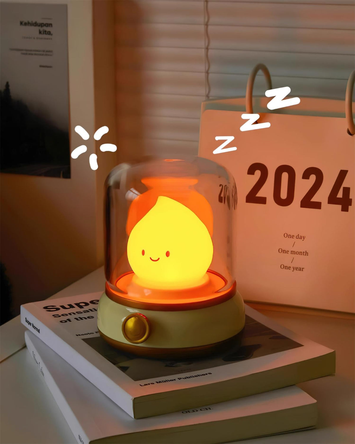 Green lantern-style LED bedside lamp with glowing flame-shaped light 18