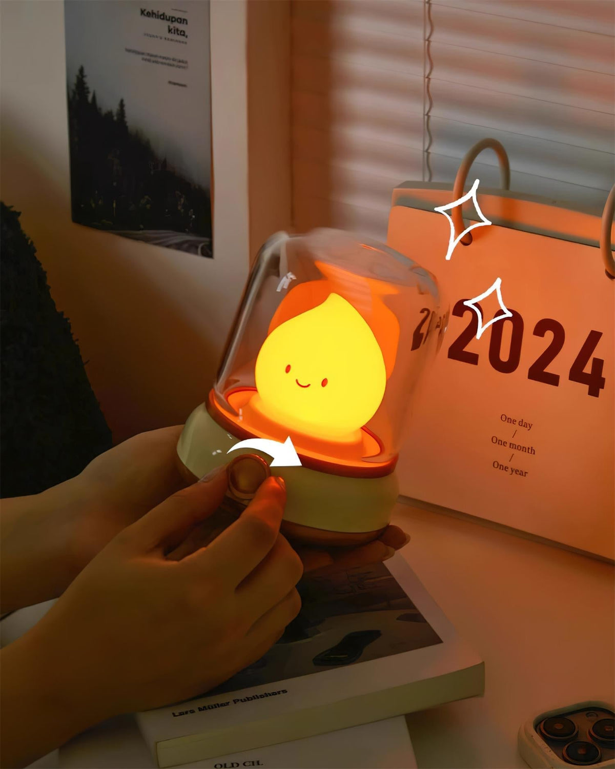 Green lantern-style LED bedside lamp with glowing flame-shaped light 19