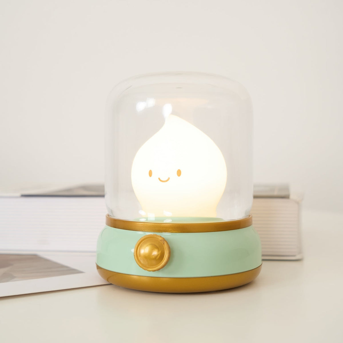Green lantern-style LED bedside lamp with glowing flame-shaped light 29