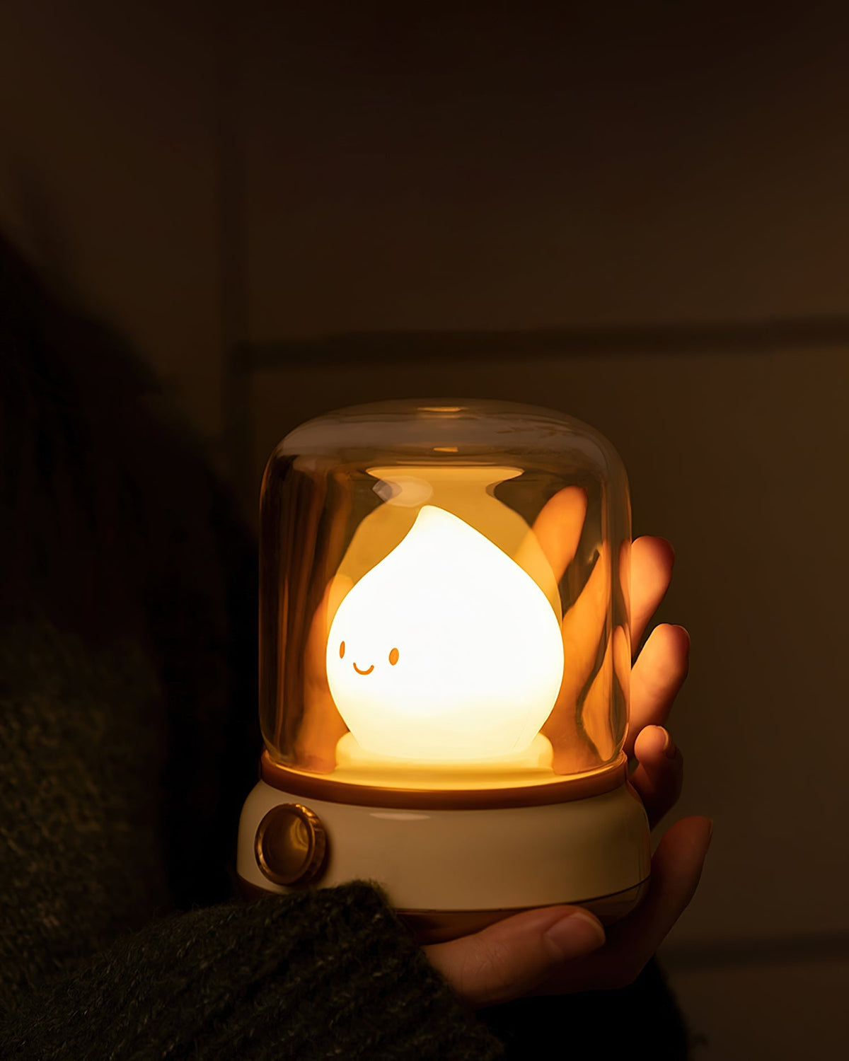 Green lantern-style LED bedside lamp with glowing flame-shaped light 3