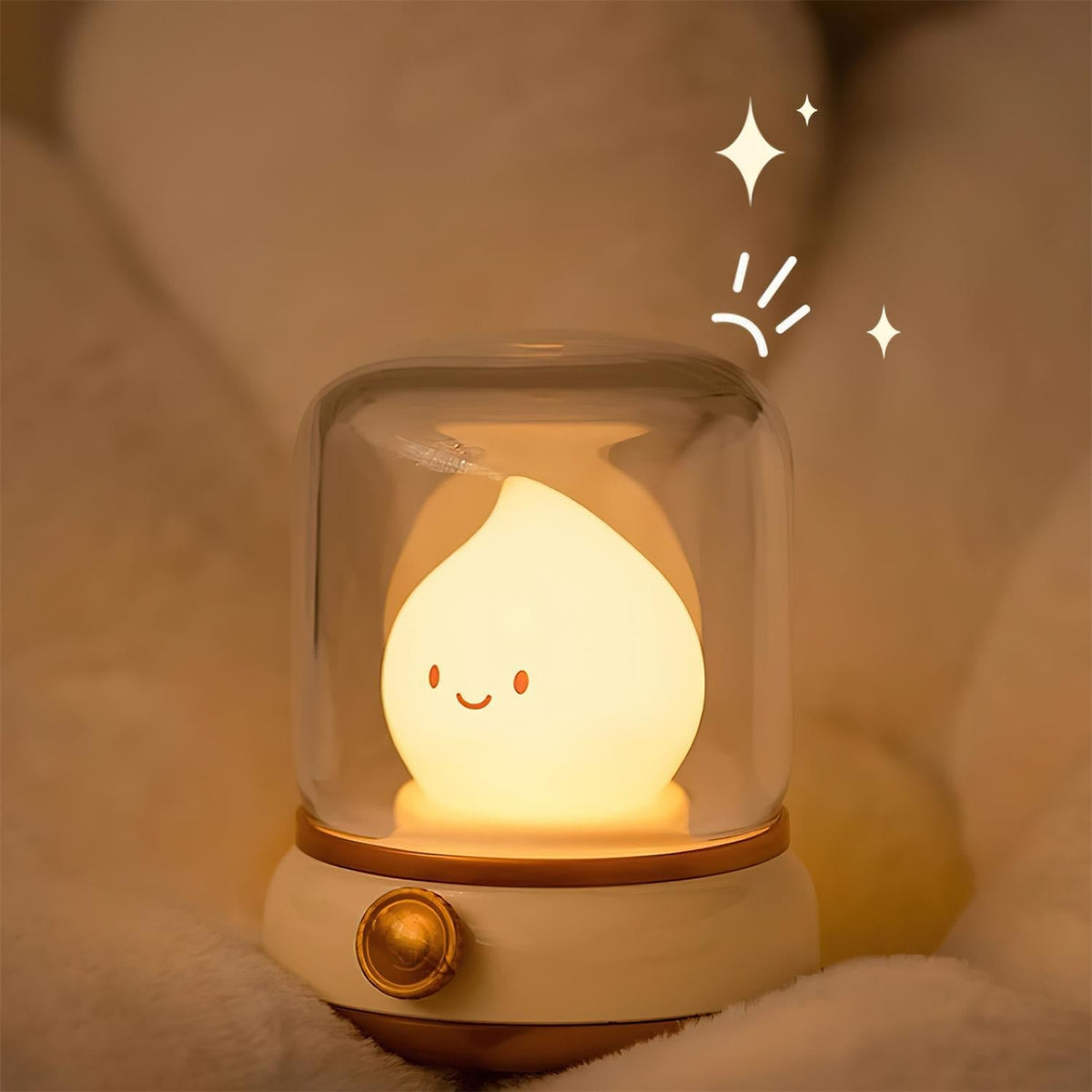 Beige lantern-style LED bedside lamp with glowing flame-shaped light 7