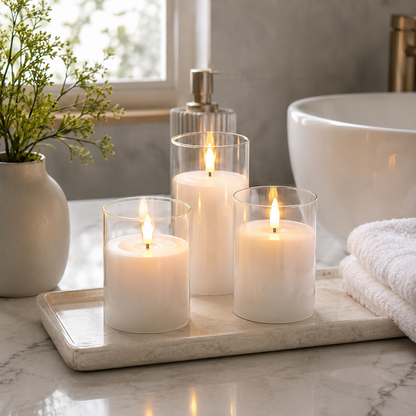 Clear flameless candles on a bathroom counter