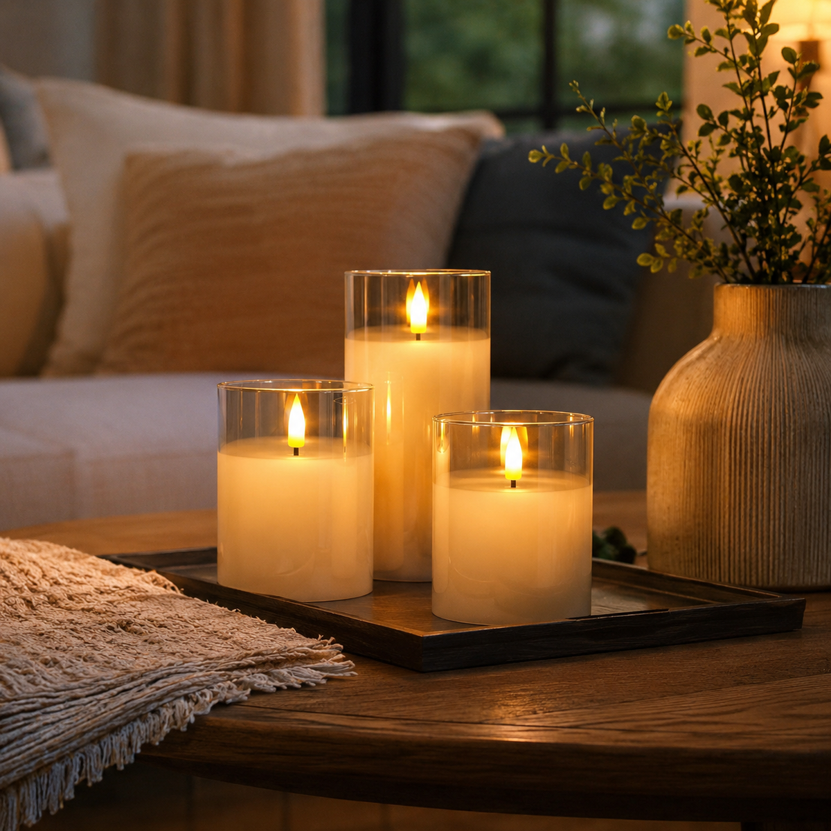 Three clear LED candles on a side table