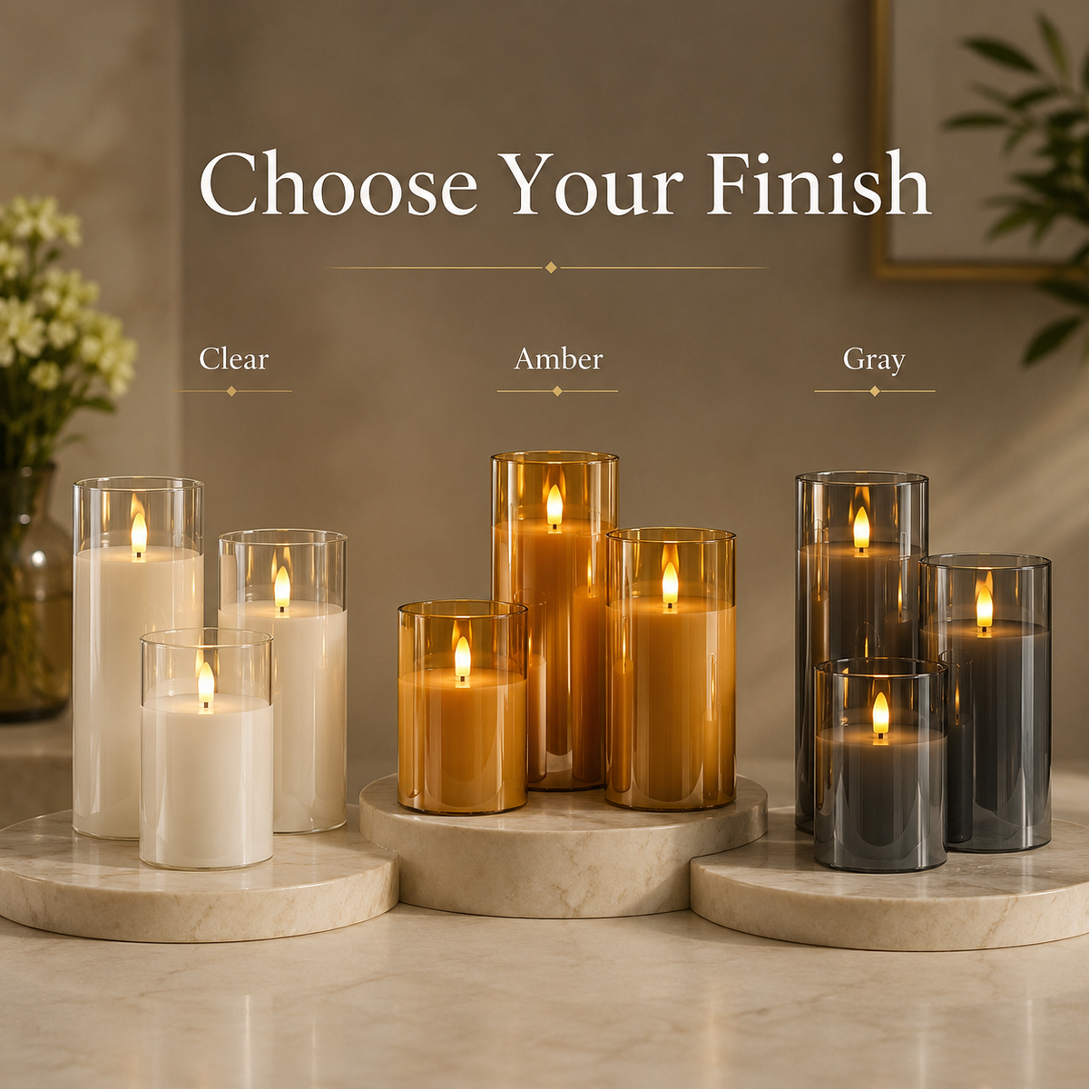Flameless candle set in clear, amber and gray finishes