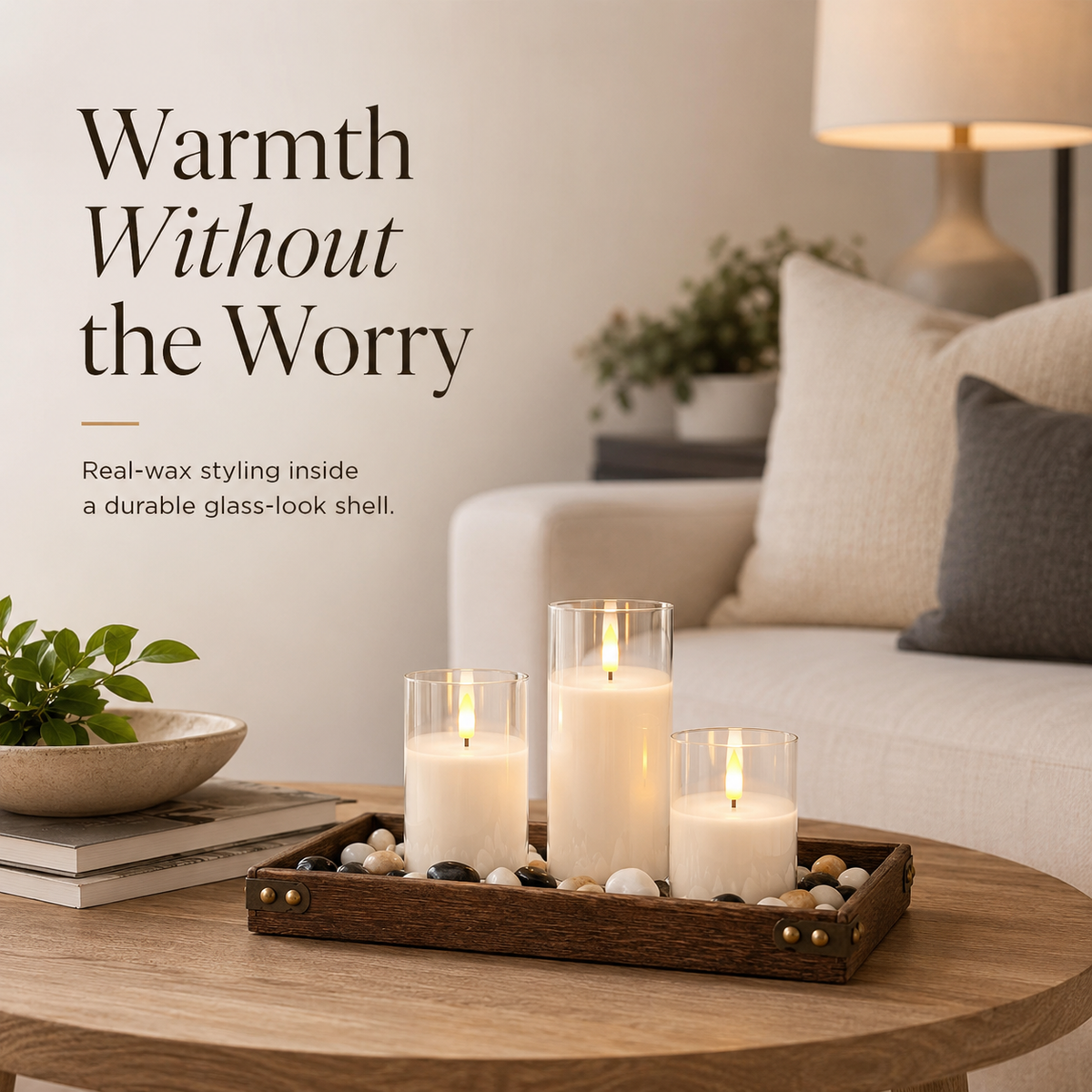 Clear flameless candle set with white candle bodies