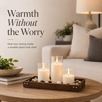Clear flameless candle set with white candle bodies
