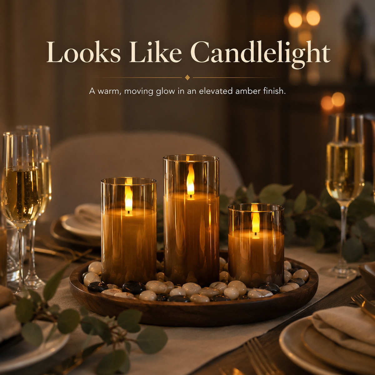 Amber moving-flame candles on a dining table