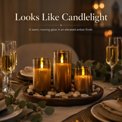 Amber moving-flame candles on a dining table