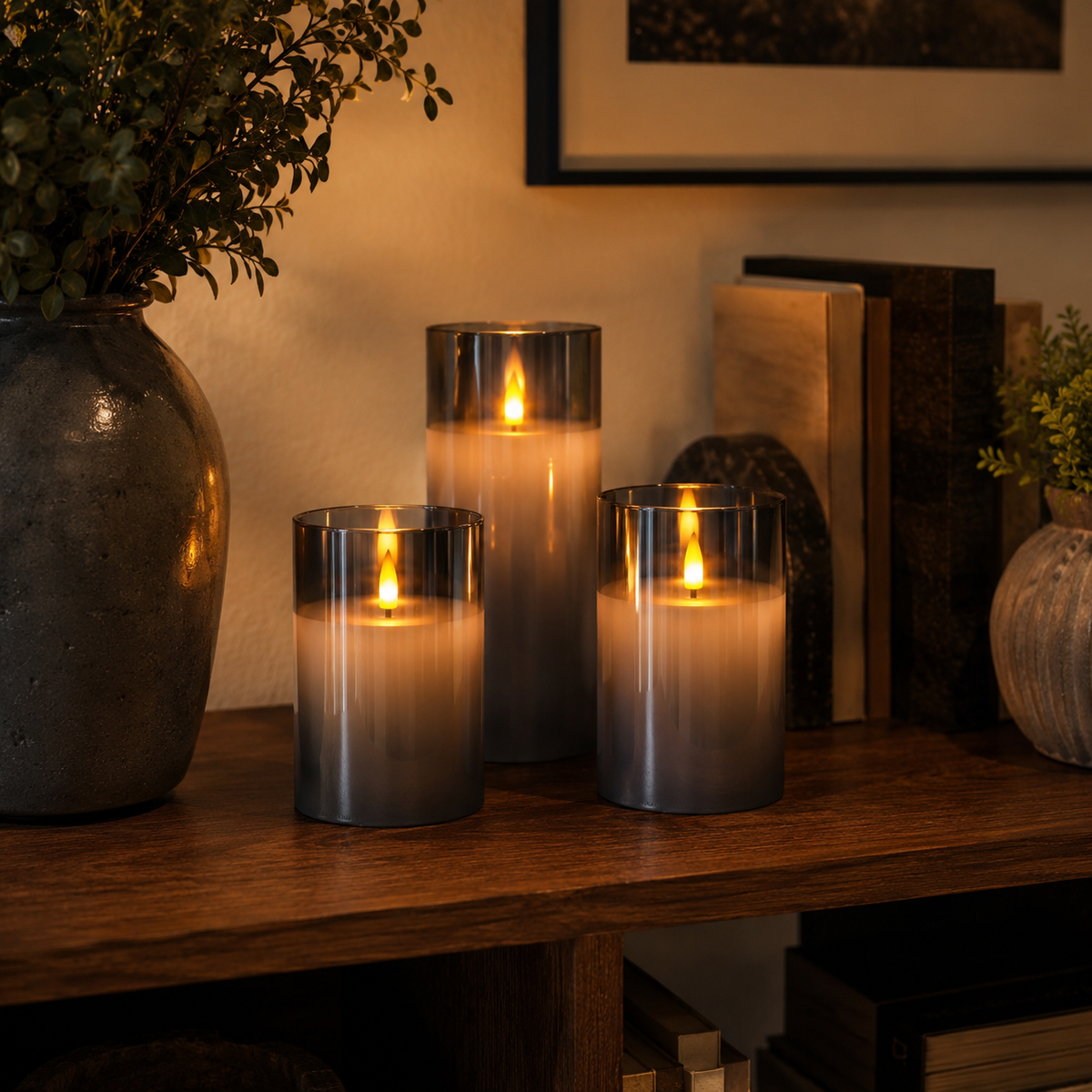 Gray flameless candle set creating warm ambient light