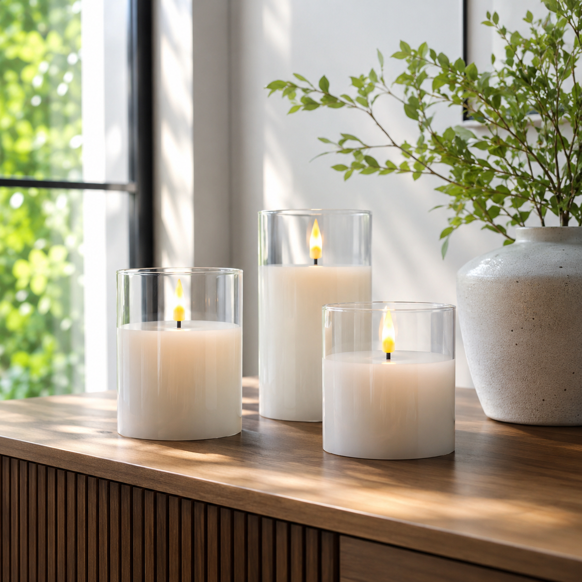 Clear flameless candles on a windowsill