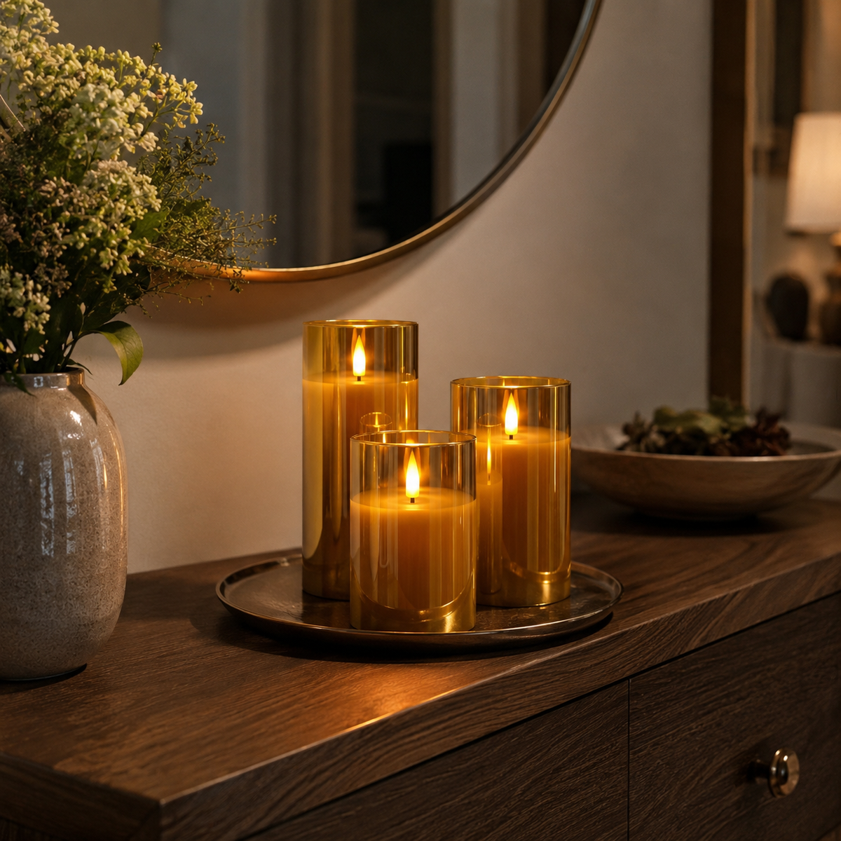 Amber LED candles beside a mirror