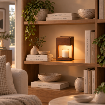 Flameless wood frame candle warmer lamp