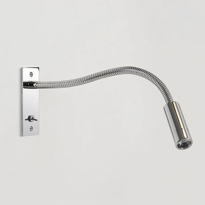Chrome flexible LED reading wall lamp with a long adjustable gooseneck arm and a sleek cylindrical head, mounted on a rectangular wall plate.