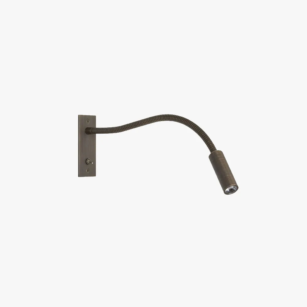Flexible LED wall lamp with a long, adjustable gooseneck arm and a rectangular mounting plate featuring a small toggle switch for bedside reading.
