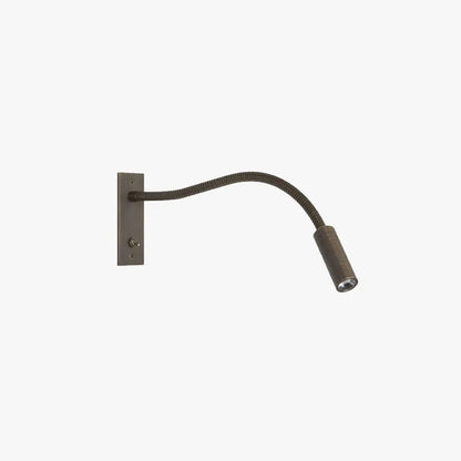 Flexible LED wall lamp with a long, adjustable gooseneck arm and a rectangular mounting plate featuring a small toggle switch for bedside reading.
