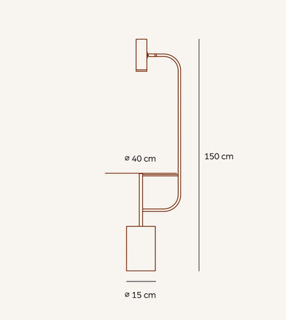White floor lamp dimensions: 150 cm height, 40 cm table and 15 cm base