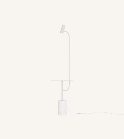 Full view of the white floor lamp with table and power cord