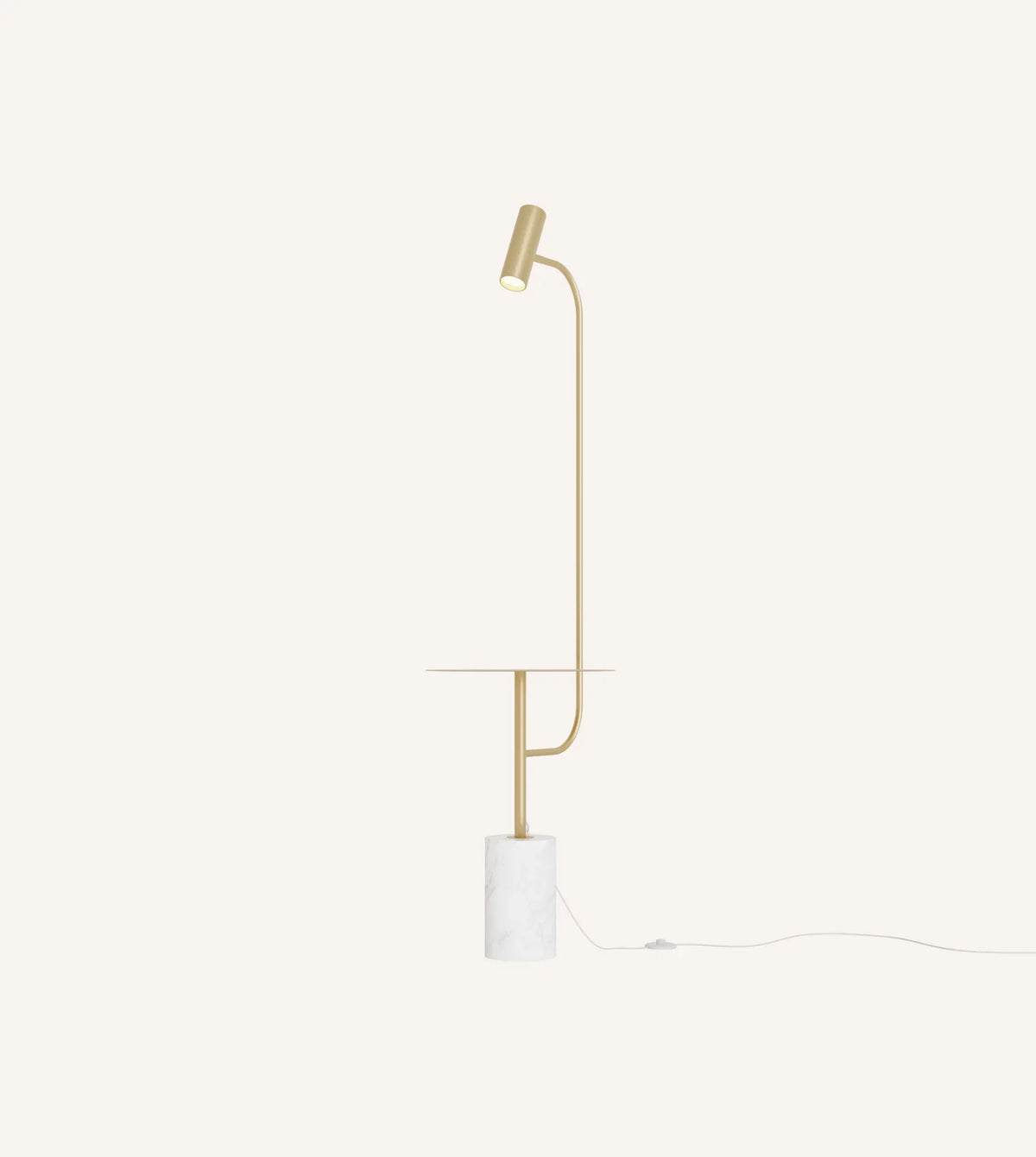 Full view of the gold floor lamp with table and power cord