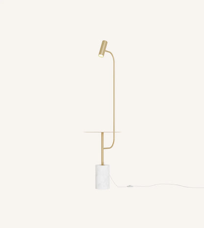Full view of the gold floor lamp with table and power cord