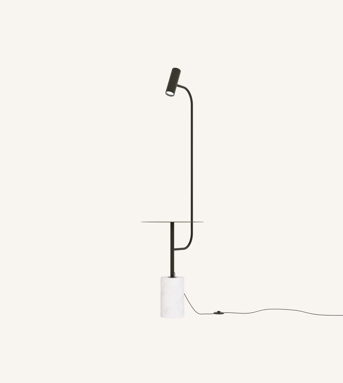 Full view of the black floor lamp with table and power cord