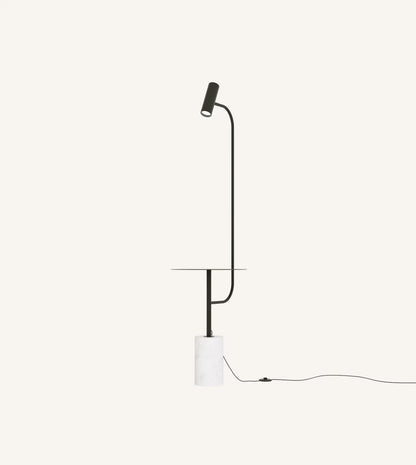 Full view of the black floor lamp with table and power cord