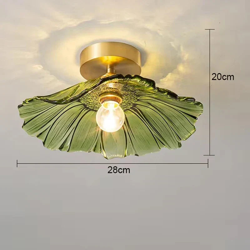 Green floral glass flush mount ceiling light, 28 cm diameter and 20 cm high