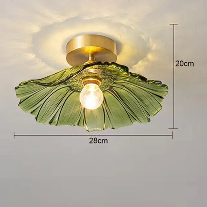 Green floral glass flush mount ceiling light, 28 cm diameter and 20 cm high