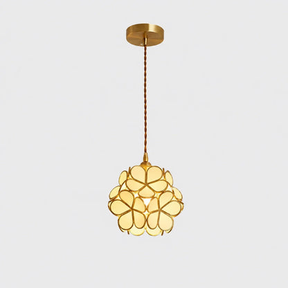Floral glass petal pendant light with a white finish, featuring a decorative flower-shaped shade suspended by a twisted cable and brass ceiling rose.