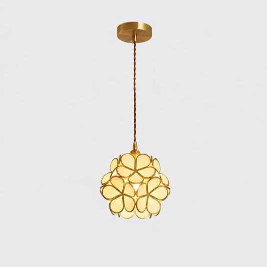 Floral glass petal pendant light with a white finish, featuring a decorative flower-shaped shade suspended by a twisted cable and brass ceiling rose.
