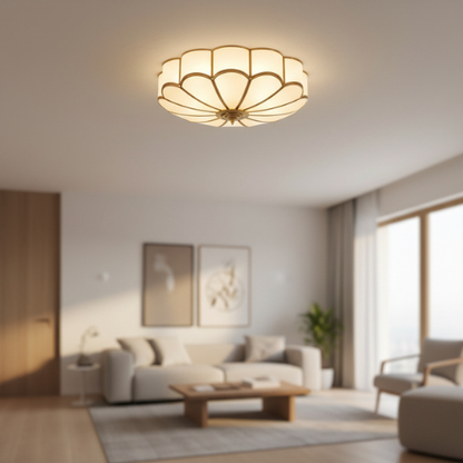 Flower-shaped glass ceiling light in a living room