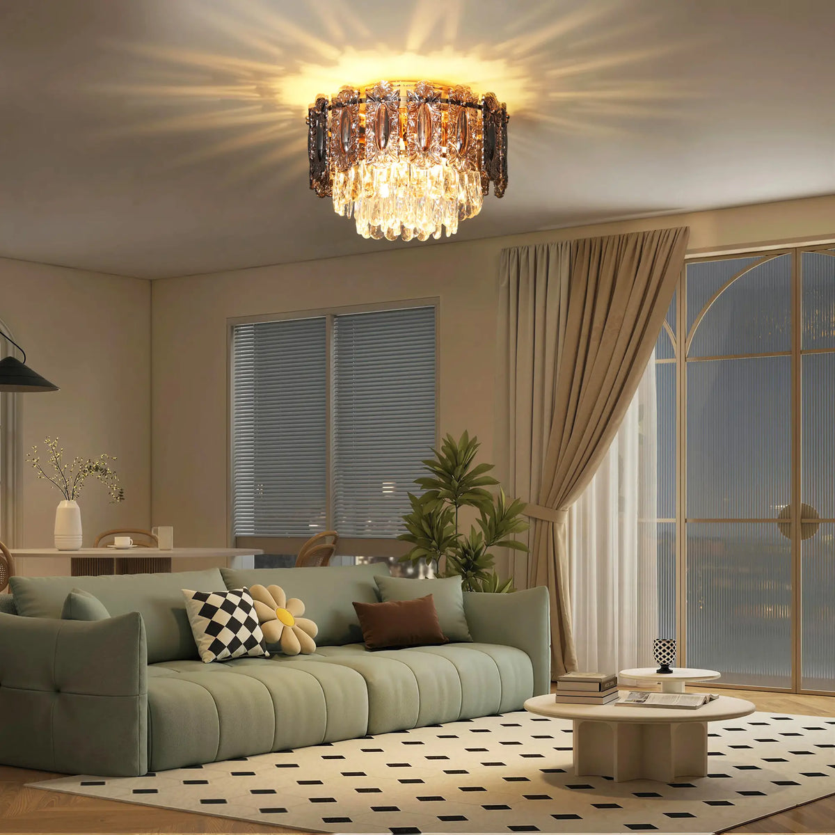 Crystal flush mount chandelier illuminating a living room