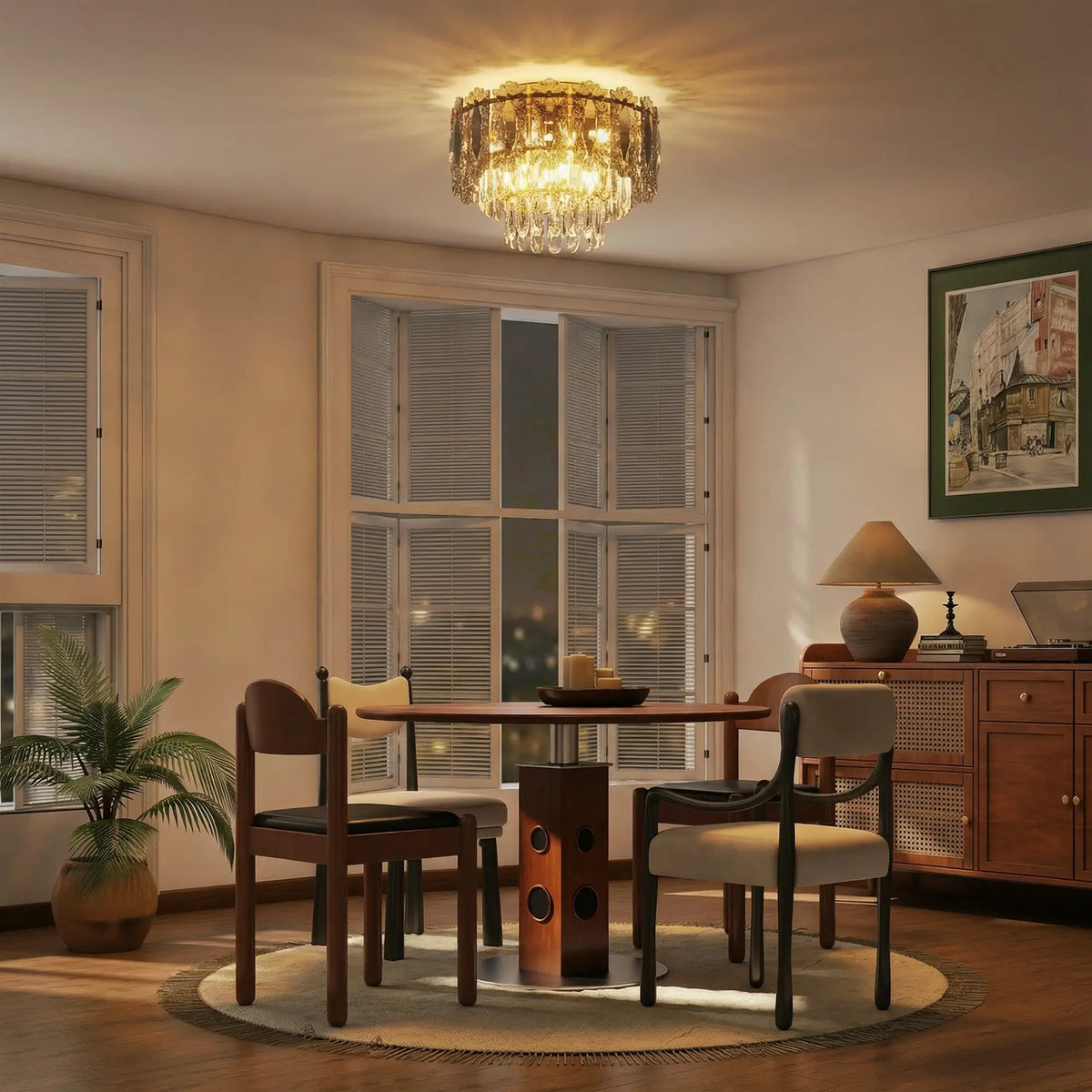 Illuminated chandelier above a dining table