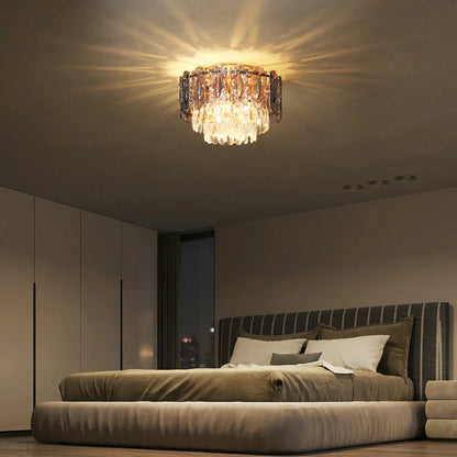 Crystal flush mount chandelier in a bedroom