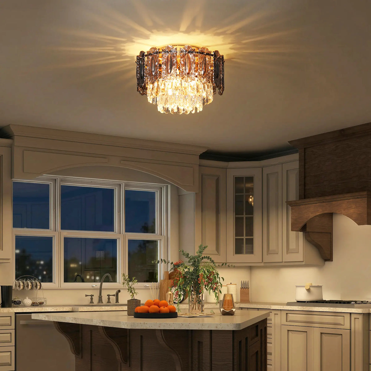 Smoke glass chandelier illuminating a kitchen