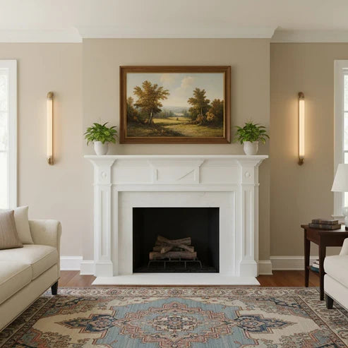 Pair of fluted glass wall lamps beside a fireplace