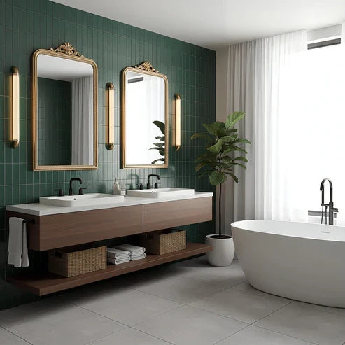 Fluted wall lights beside bathroom mirrors