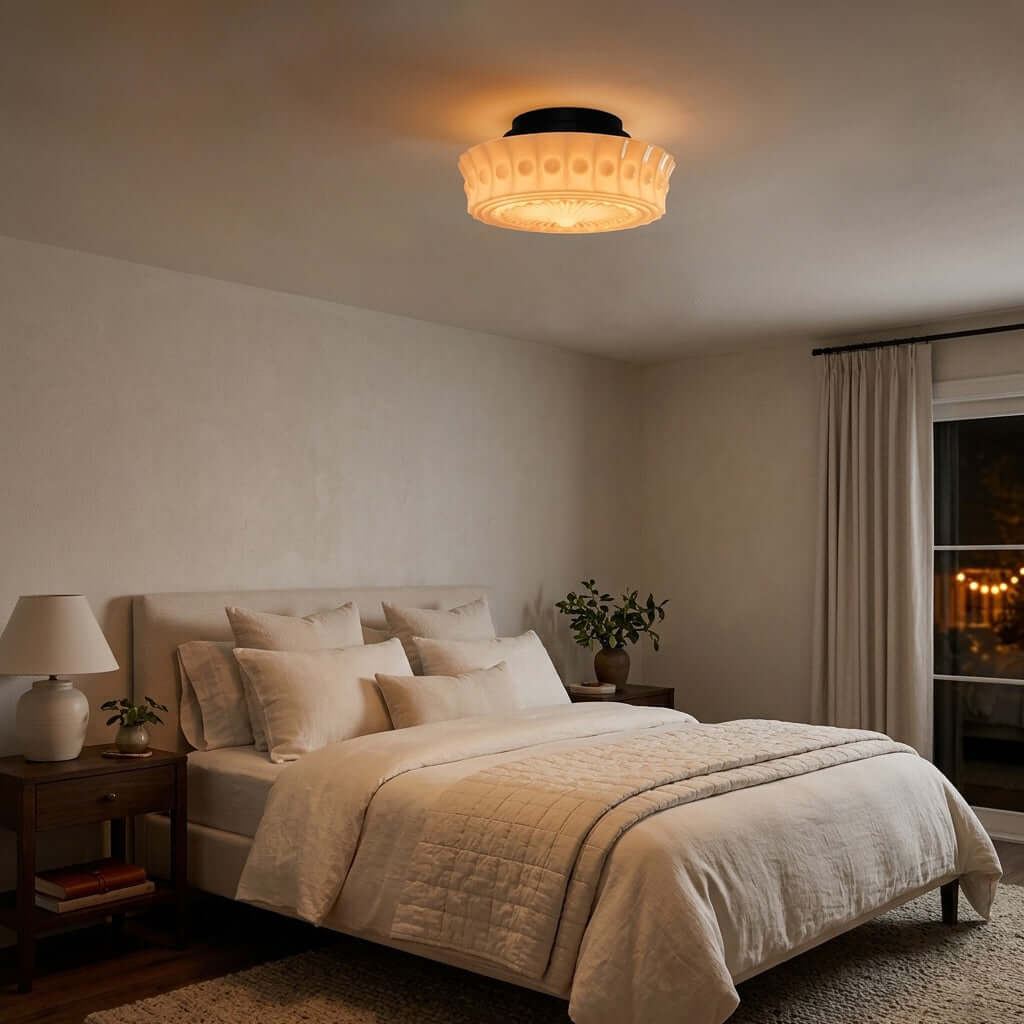 French vintage style flushmount ceiling fixture with a textured glass shade glowing warmly in a cosy, neutral-toned bedroom setting at night.