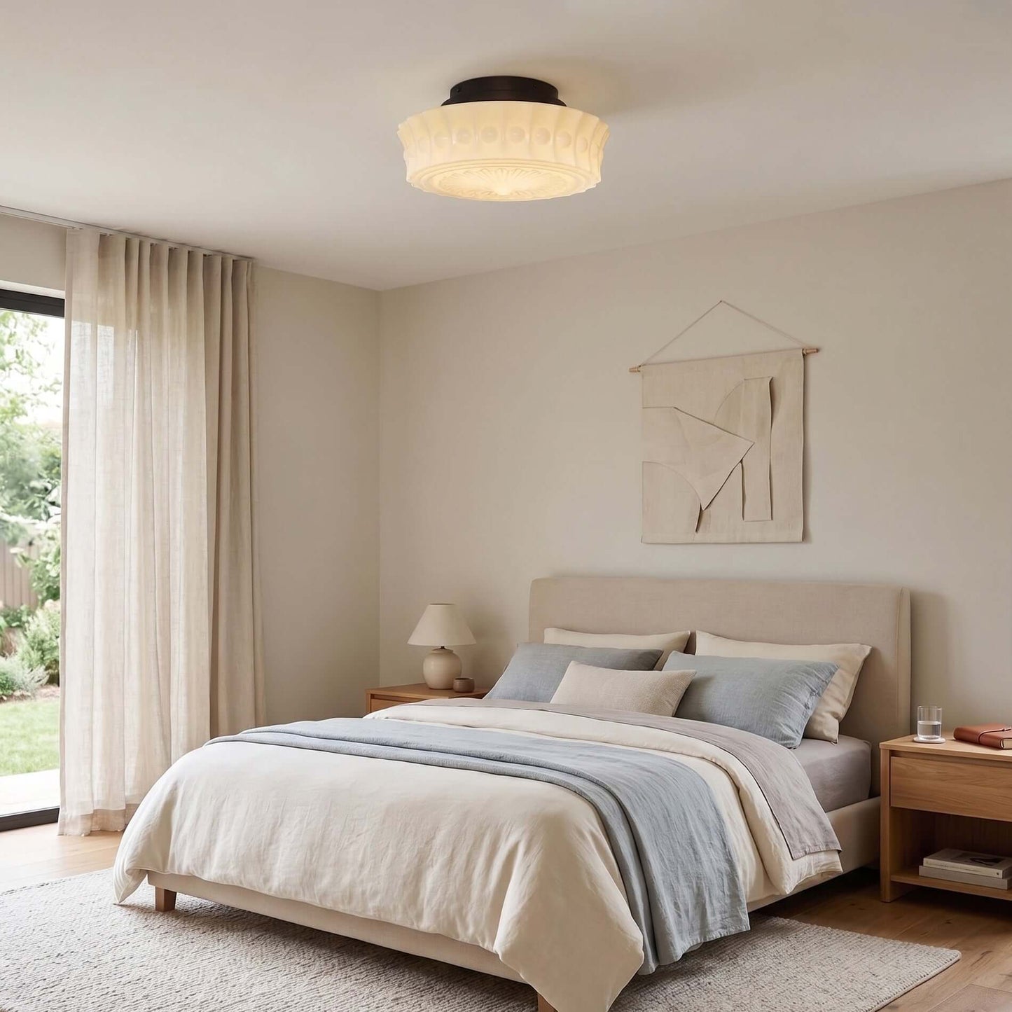 French vintage flushmount ceiling light with a textured glass shade installed in a neutral, modern bedroom with a made bed and linen curtains.