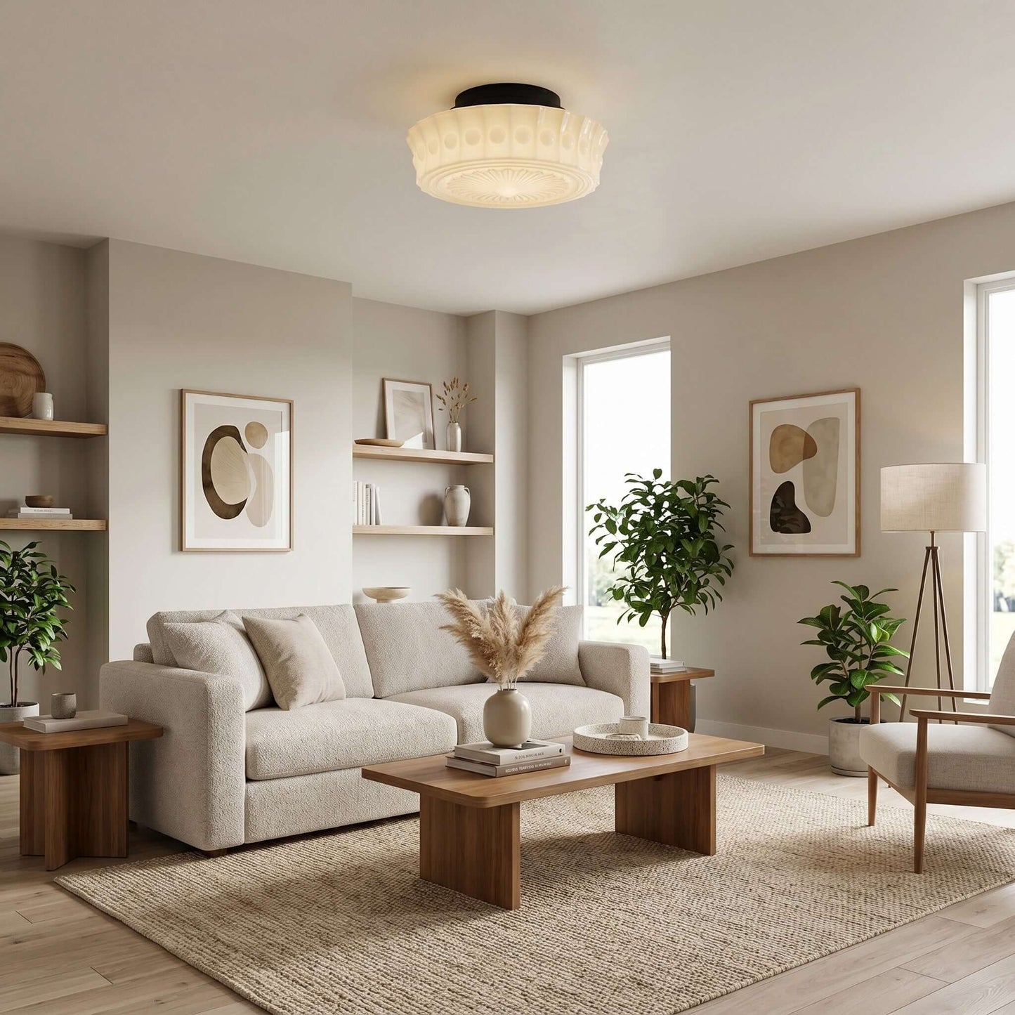 French vintage style flushmount ceiling light with a textured glass shade installed in a bright, neutral-toned living room with contemporary furniture.