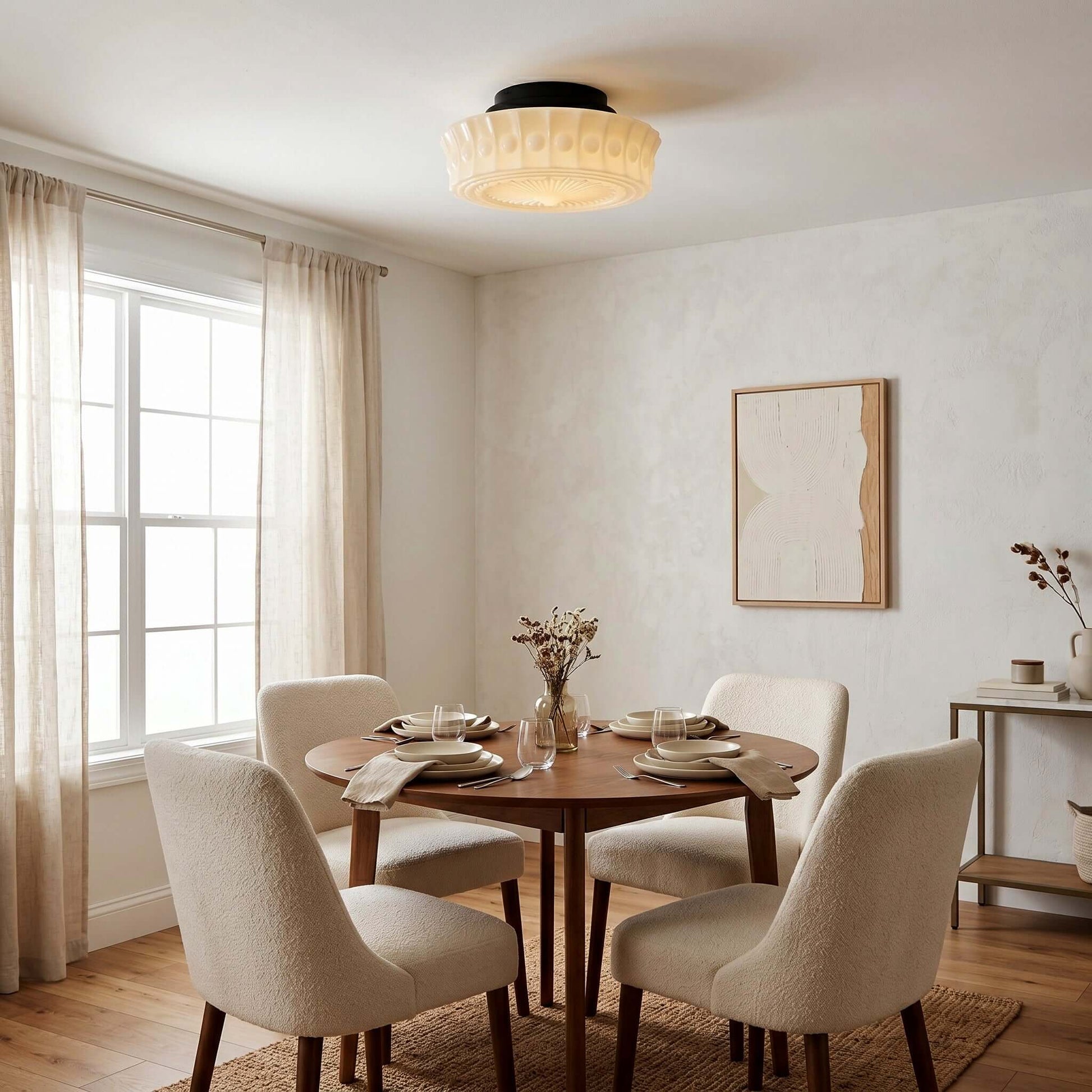 French vintage style flushmount ceiling fixture with a textured glass shade installed in a bright, neutral dining room with a round wooden table.