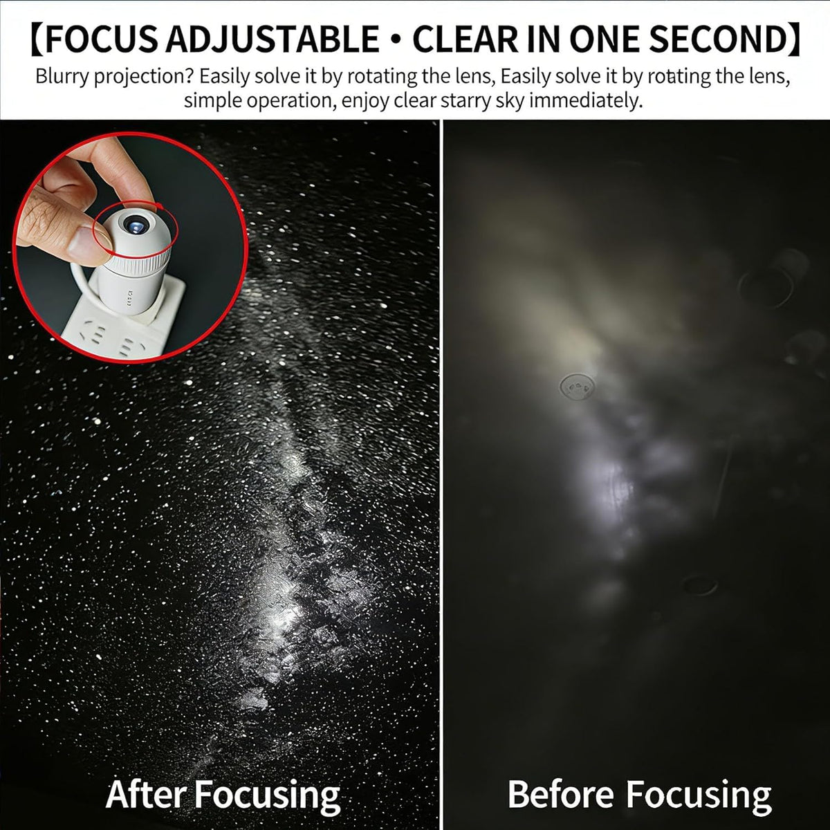 Manual focus ring demonstration showing sharp and blurred galaxy projections