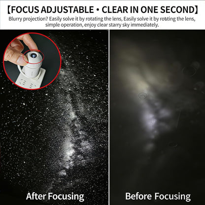 Manual focus ring demonstration showing sharp and blurred galaxy projections