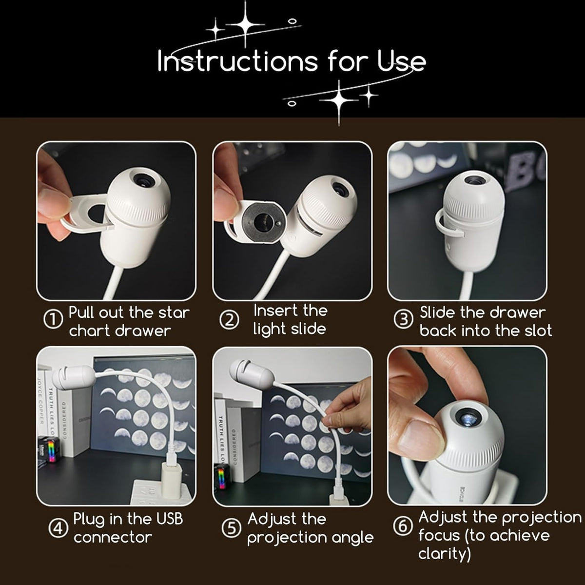 Galaxy projector instructions for inserting slides, connecting USB power and adjusting focus