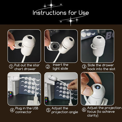 Galaxy projector instructions for inserting slides, connecting USB power and adjusting focus